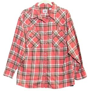 Levi Strauss Womens Dylan Western Pearl Snap Flannel Shirt Plaid Red Brown 1X
